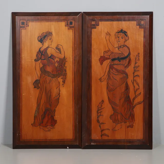 A PAIR OF PYROGRAPHY PANELS.