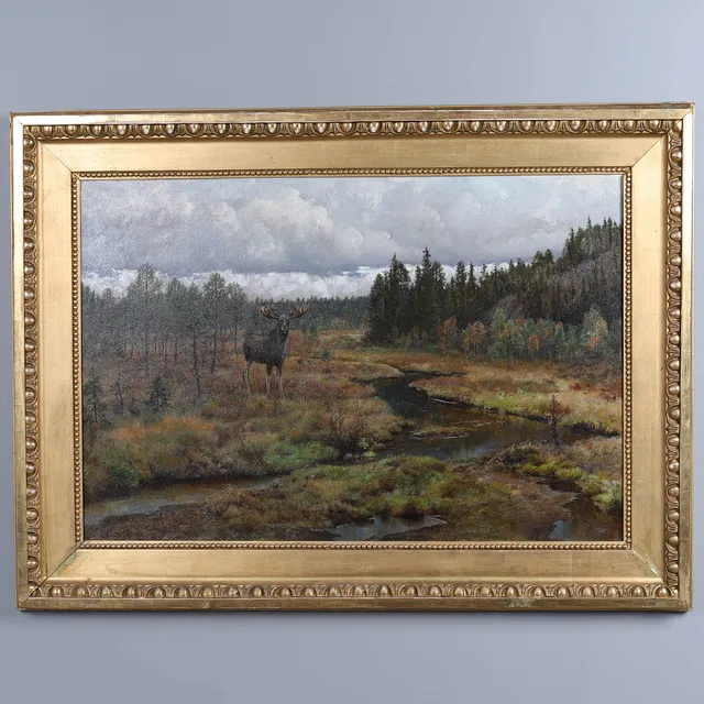 AXEL BORG ( 1847-1916 ). ÄLG VID TJÄRN, OLJA PÅ DUK, SIGNERAD.