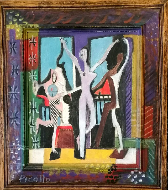 AFTER PICASSO, OIL ON BOARD WITH PAINTED FRAME.