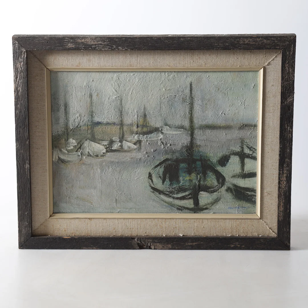 HELGE LUNDSTRÖM. Båthamn, olja på pannå, otydligt signerad och daterad -45. — Paintings — Gomér & Andersson Nyköping