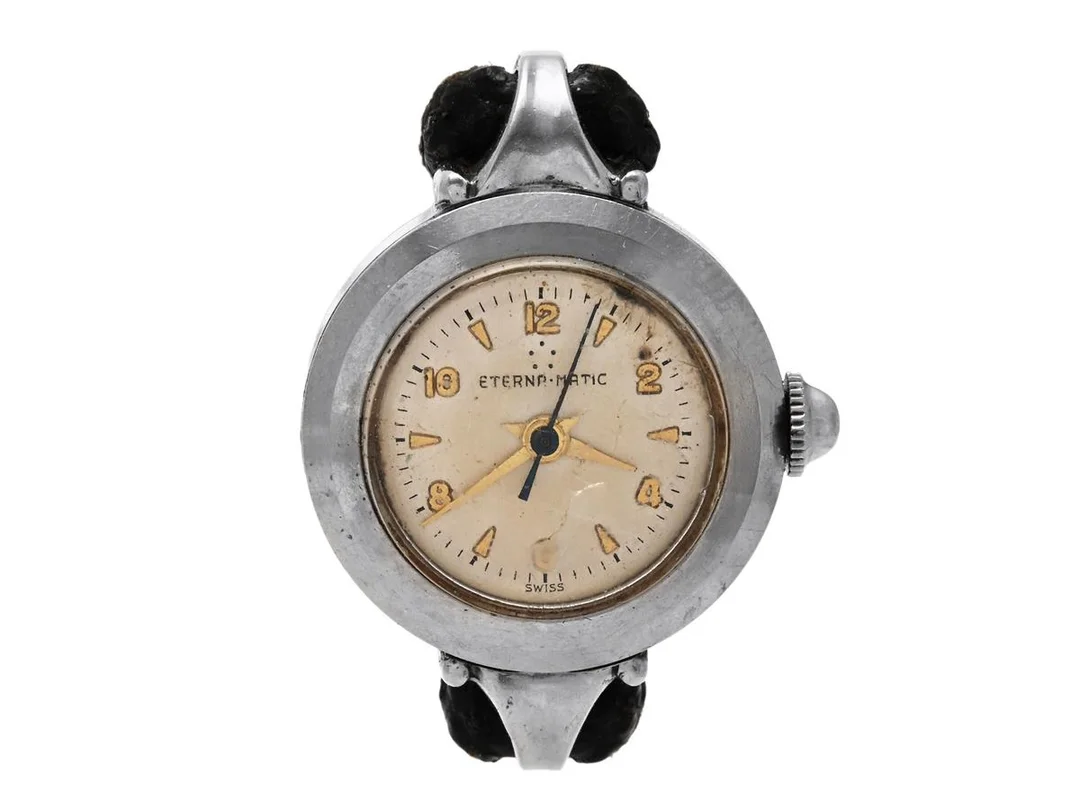 ETERNA-MATIC, damur, 21 mm, Boett nr. 3365632, stål, manuell, plexiglas (skadat), skadad urtavla, integrerat läderband, ca 1960. — Klockor/Eterna — Kaplans