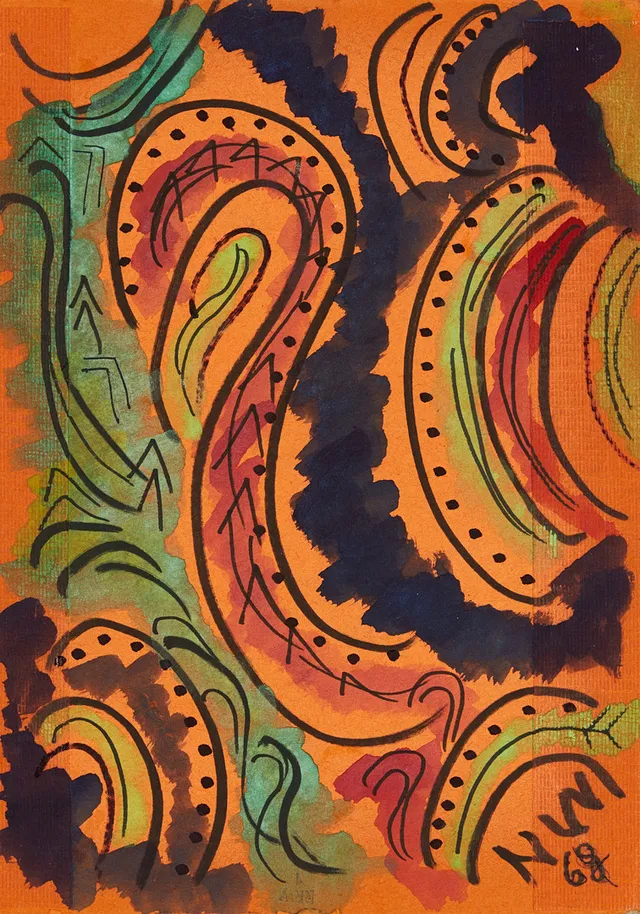 NELL WALDEN (Sverige, Karlskrona 1887-1975 Bern): ”No. 817”. Monogramsignerad och daterad NW 68 samt signerad och daterad Nell Walden 20 mai 1968 atergo, tempera/collage på papper ställd på kartong.