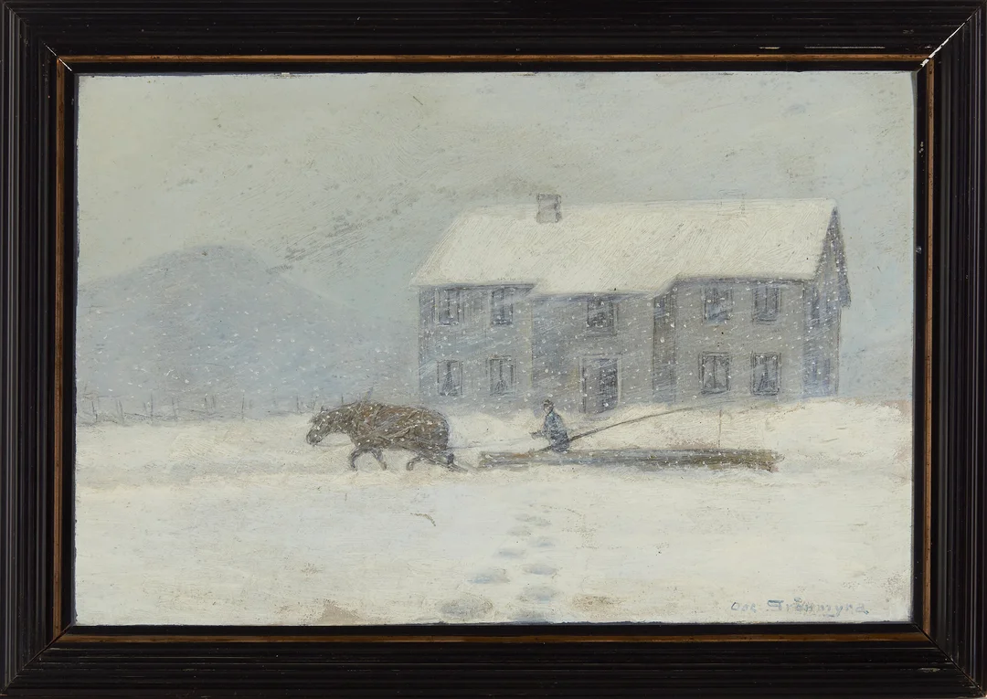 Grønmyra, Oscar — Tømmerkjøring i snøvær — Kunst/Maleri — Blomqvist