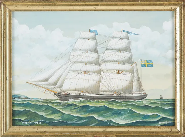 GUSTAF FREDRIKSSON (1901 - 1982). Skeppsporträtt, "Sydpolen", Wätö, akvarell och täckvitt, signerad GH Fredriksson.