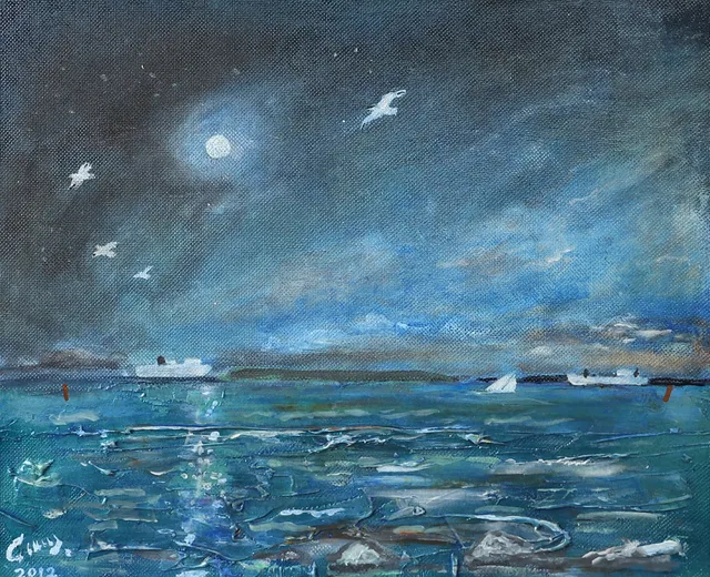 ROLAND CARLSSON. "Kväll Öresund", olja på pannå, signerad Carlsson.