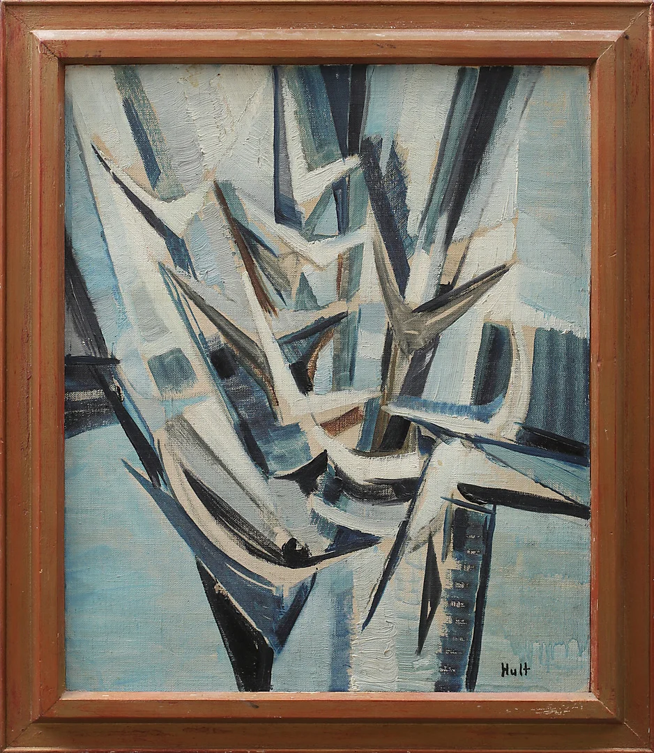 TORSTEN HULT. "Måsar 1957, färgskiss till litografi", olja på pannå, signerad Hult. — Paintings — Garpenhus Auktioner