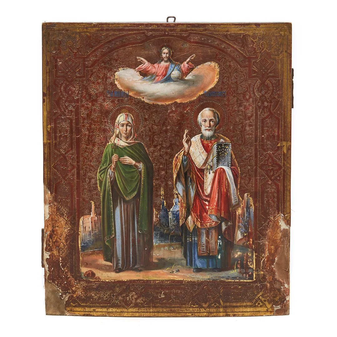 Ikon - St. Nicolas av Myra og en kvinnelig helgen. — Ikon - St. Nicolas av Myra og en kvinnelig helgen. — Gjenstand/Antikviteter og eldre møbler — Blomqvist