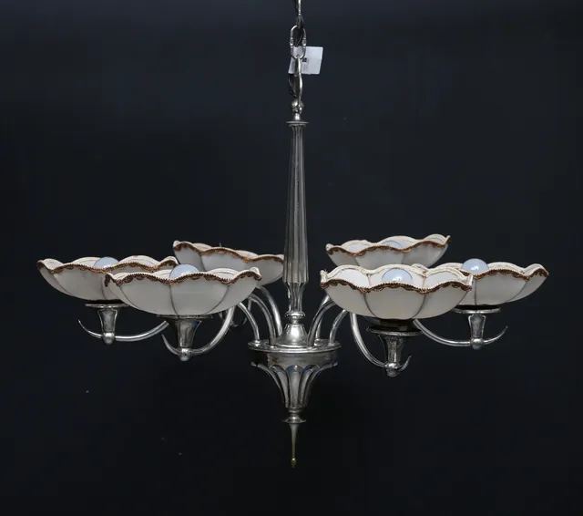 TAKLAMPA, nysilver, Swedish Grace, 1930-tal, höjd exklusive kedja ca. 60 cm.