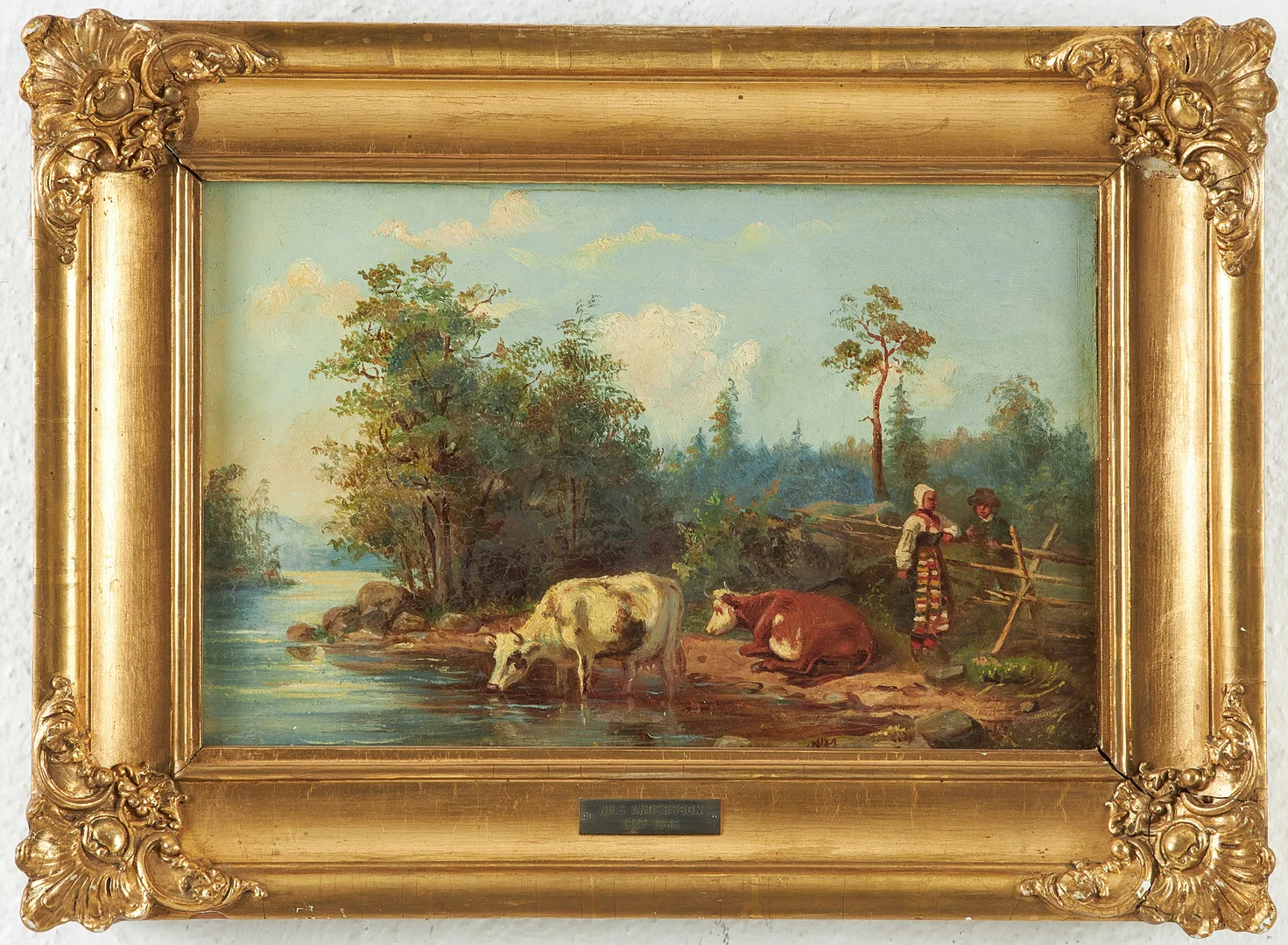 NILS ANDERSSON. TILLSKRIVEN. Landskap med kor vid vattendrag och vallfllicka i allmogedräkt konverserande med en yngling vid en gärdesgård. — Paintings — Stockholms Auktionsverk Magasin 5