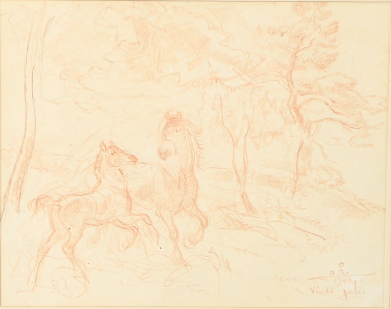 ACKE ÅSLUND. Landskap med hästar, teckning, signerad A.Å. 1948. — Drawings — Helsingborgs Auktionskammare