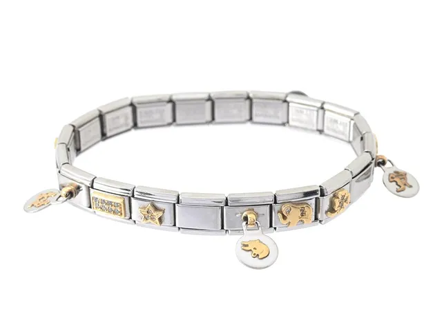 NOMINATION, armband, stål/gulmetall, 18K guld, 15 berlocker, flexibelt, längd ca 21 cm, vikt ca 21,5g.