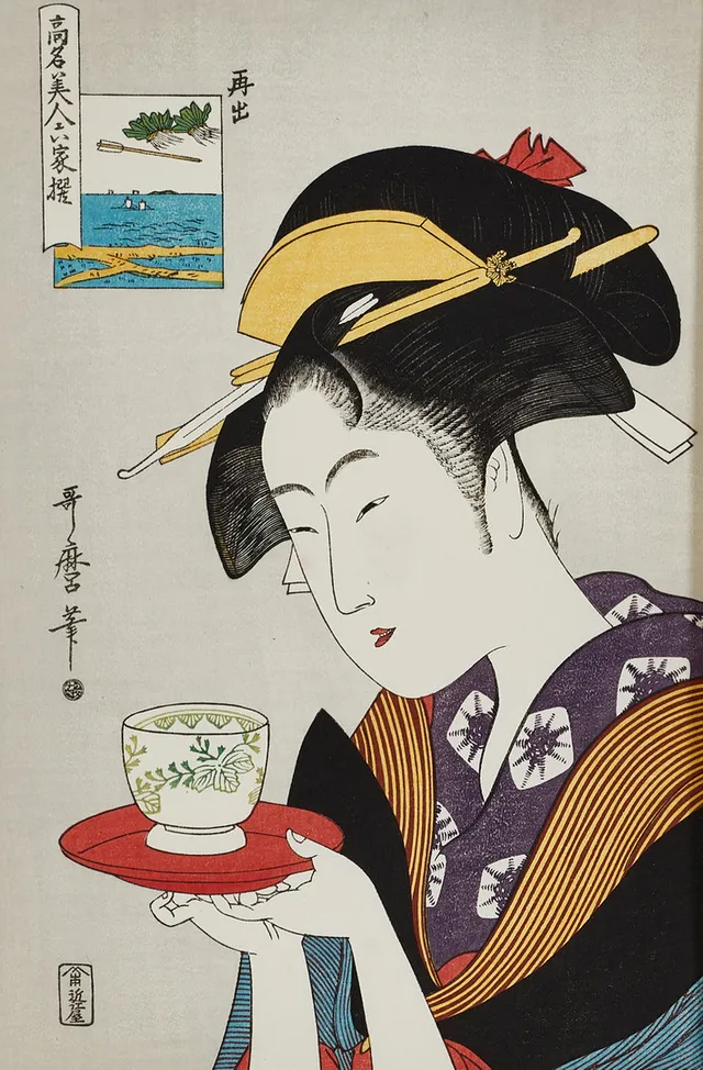 KITAGAWA UTAMARO (1753-1806). Efter, 3 st blad Geishor, ur mappen Wood block print, Mitsukoshi, träsnitt.