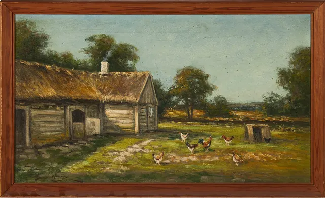 SEVERIN NILSON (1846-1918). gårdsmotiv med tupp och hönor, olja på duk, signerad.