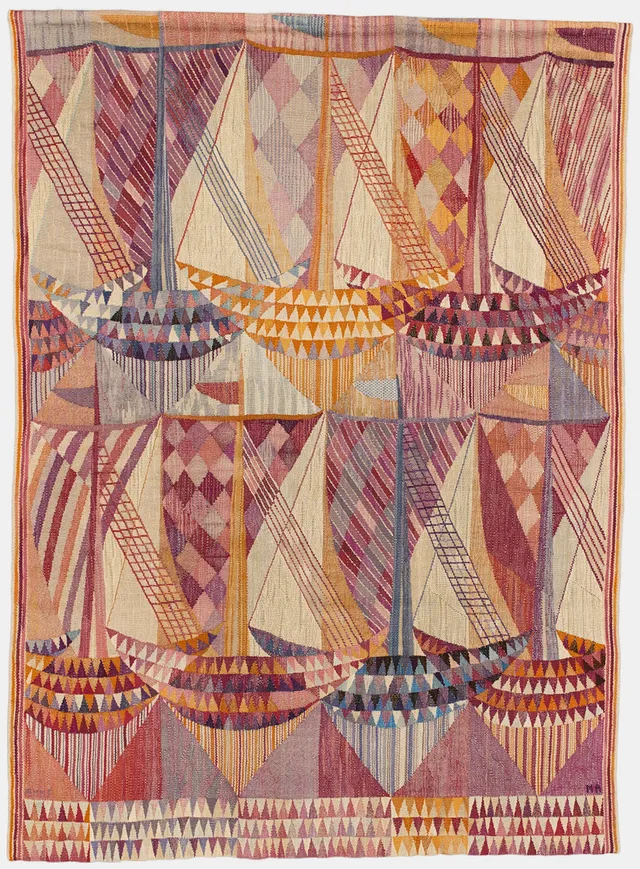 MARIANNE RICHTER. "Båtar", vävd tapet, AB Märta Måås-Fjetterström, gobelängvariant, komponerad 1955, ca 212,5 x 153,5 cm.
