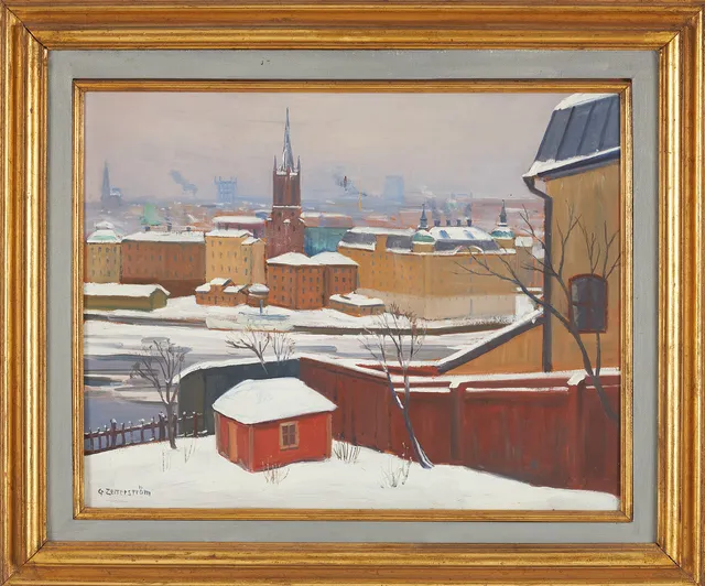 GUNNAR ZETTERSTRÖM. Olja på pannå, vy från Ivar Lo, signerad.