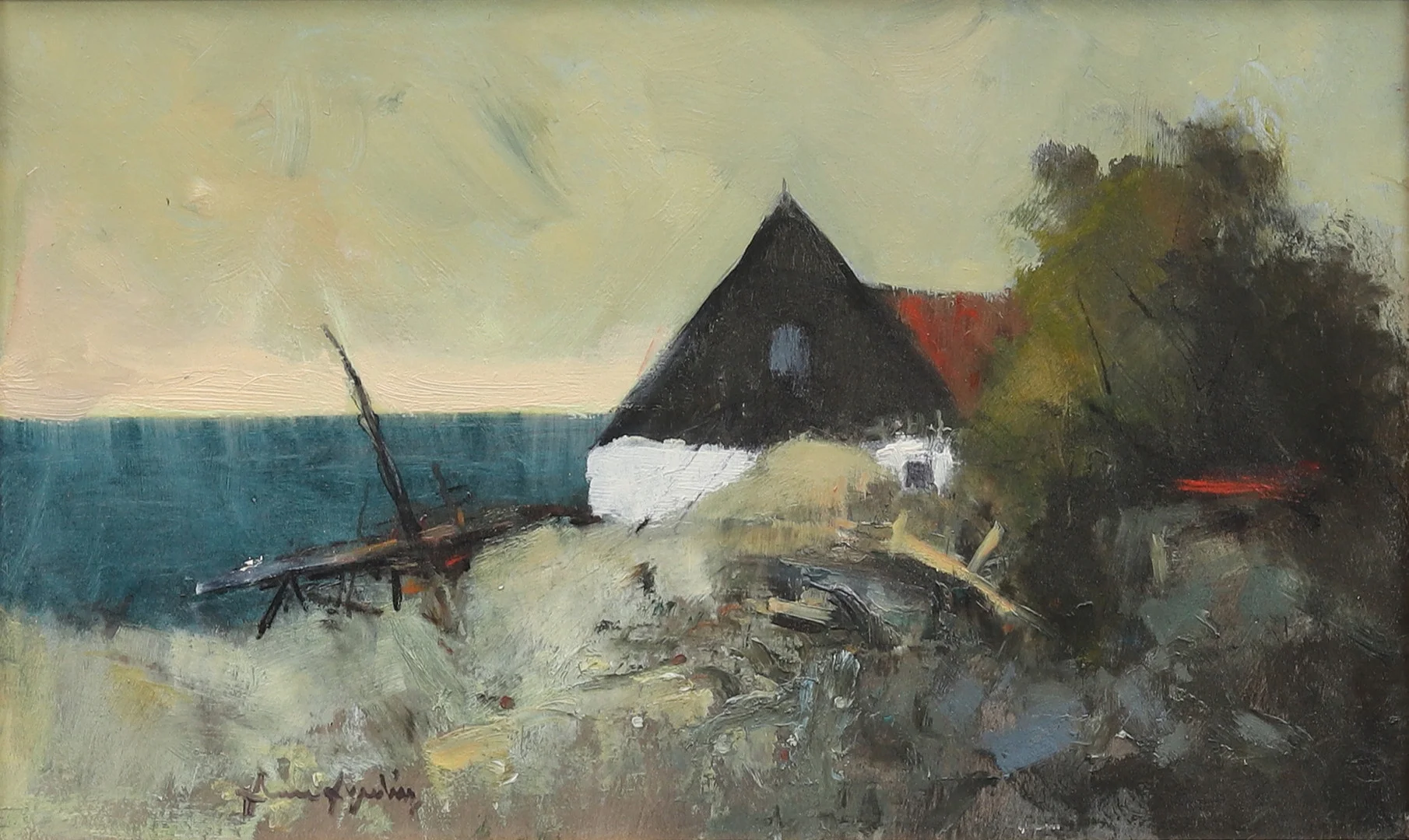 ARNE ASPELIN. Hus vid havet, olja på pannå, signerad. — Paintings — Garpenhus Auktioner