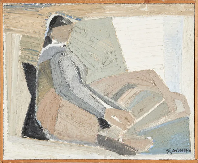GUNNAR JOHNSSON. abstrakt figurkomposition, olja på pannå, signerad.