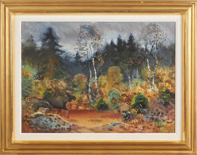 LINDORM LILJEFORS. Djur i skog, olja på pannå, singerad daterad -66.