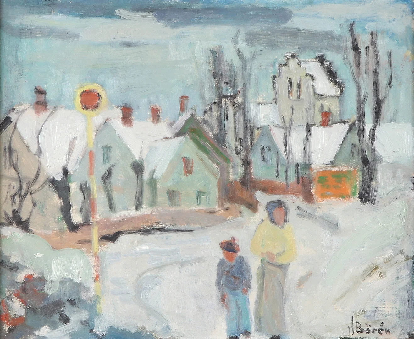 JOHN BÖRÉN. Oljemålning på duk, uppfodrad på pannå. Bymotiv med figurer. Signerad. — Paintings — Skånes Auktionsverk