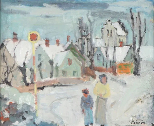 JOHN BÖRÉN. Oljemålning på duk, uppfodrad på pannå. Bymotiv med figurer. Signerad.