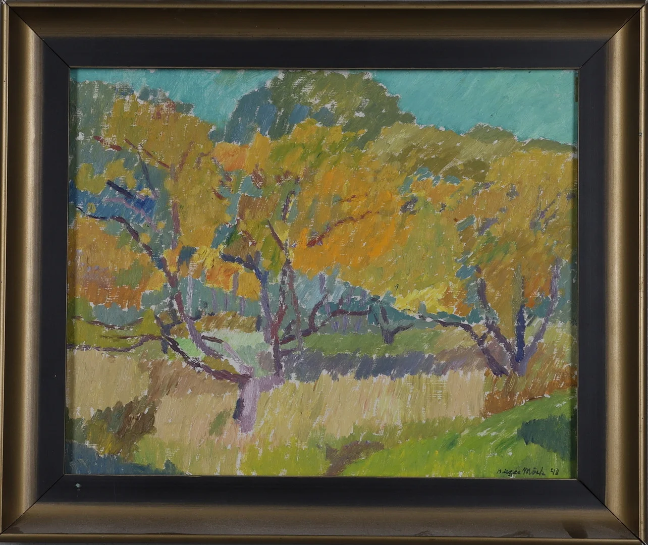 BIRGER MÖRK. "Höst i trädgården", olja på pannå, signerad och daterad -48. — Paintings — Gomér & Andersson Norrköping