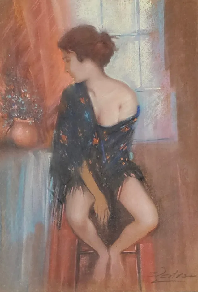 ENRIC BELTRÁN. FIGURA FEMENINA CON MANTÓN. PASTEL SOBRE PAPEL.