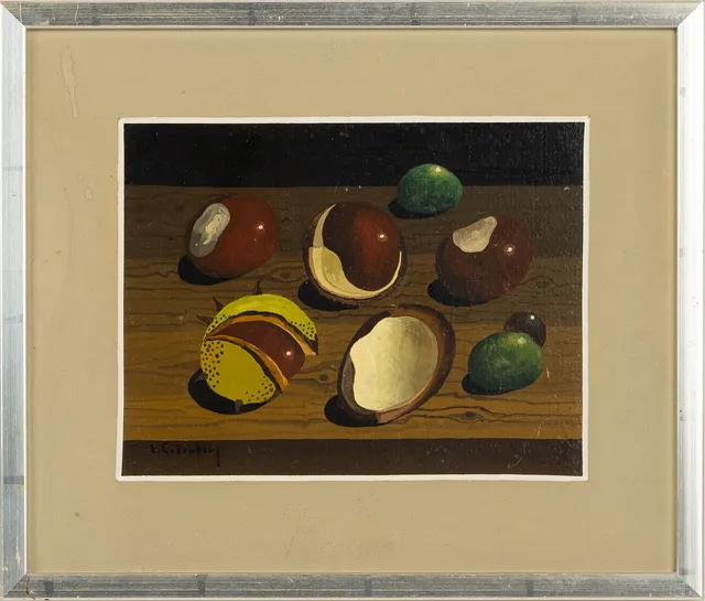 ERIC CEDERBERG. Tempera på pannå, Stilleben, "Kastanjer", signerad E Cederberg.
