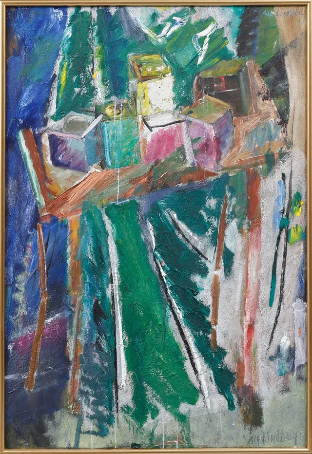 ALF LINDBERG. Stilleben på bord, olja på duk, dubbelsignerad.