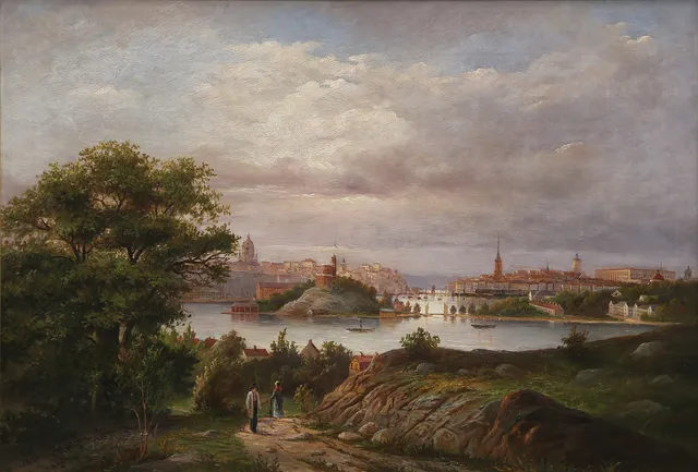 EHRNFRIED WAHLQVIST. OLJA på duk, Stockholmsvy, signerad med initialer, 1883.