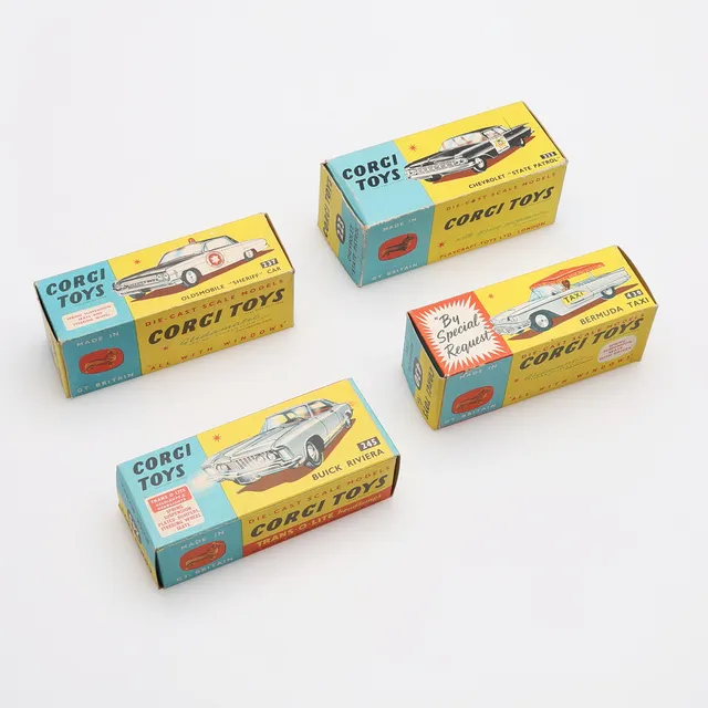 LEKSAKSBILAR, 4 ST, MODELL NO. 223, 237, 245 & 430, CORGI TOYS.