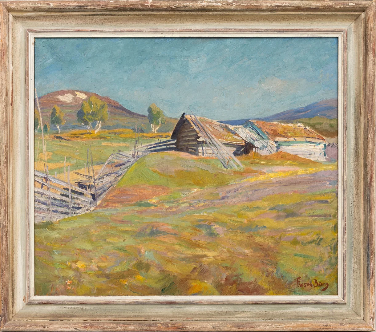 FOLKE WILHELMSSON BERG (1896-1974). Olja på duk, Landsbygdsmotiv med lador, signerad F.wson.Berg. — Paintings — Auktionshuset Kolonn