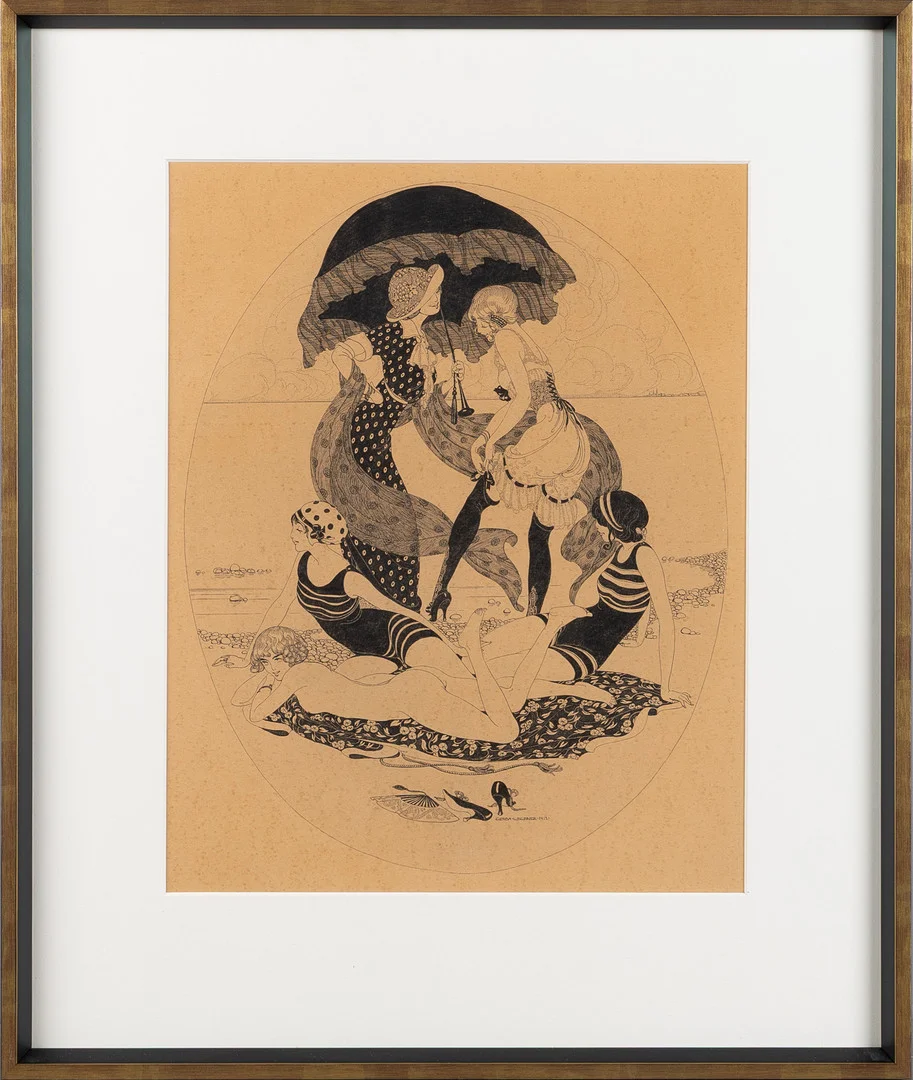 GERDA WEGENER. Komposition med badande kvinnor på stranden, tusch på papp, signerad och daterad 1912. — Paintings — Stockholms Auktionsverk Helsingborg