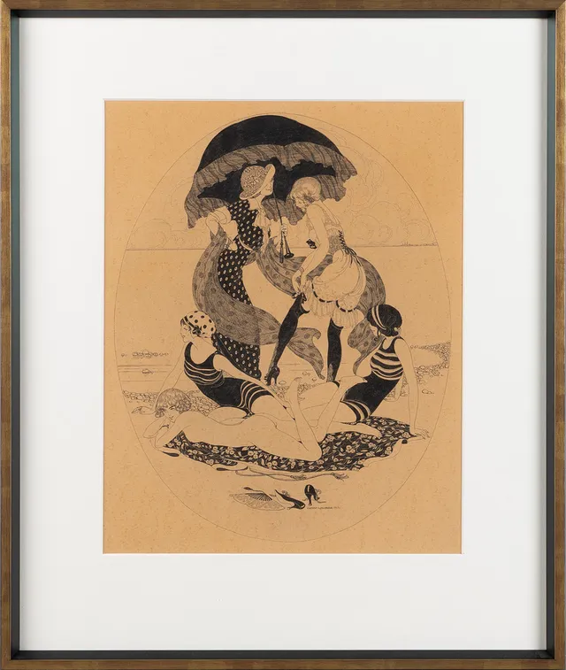 GERDA WEGENER. Komposition med badande kvinnor på stranden, tusch på papp, signerad och daterad 1912.