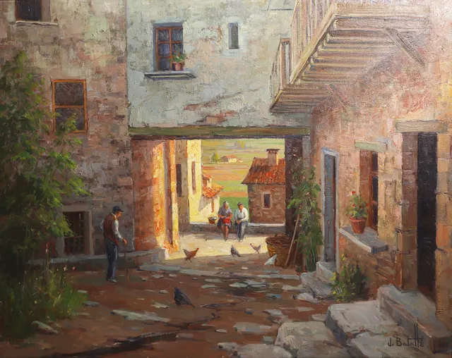 JULIO BATALLÉ. ESCENA RURAL, ÓLEO SOBRE LIENZO.