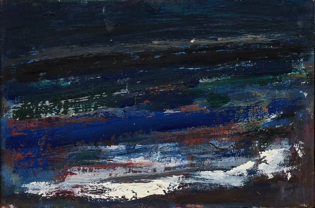 BRITT-MARIE JACOBSSON (Göteborg 1918-1992 Stockholm),"Upprört hav Portugal", 1960, monogramsignerad BMJ, signerad atergo på spännram, olja på duk.