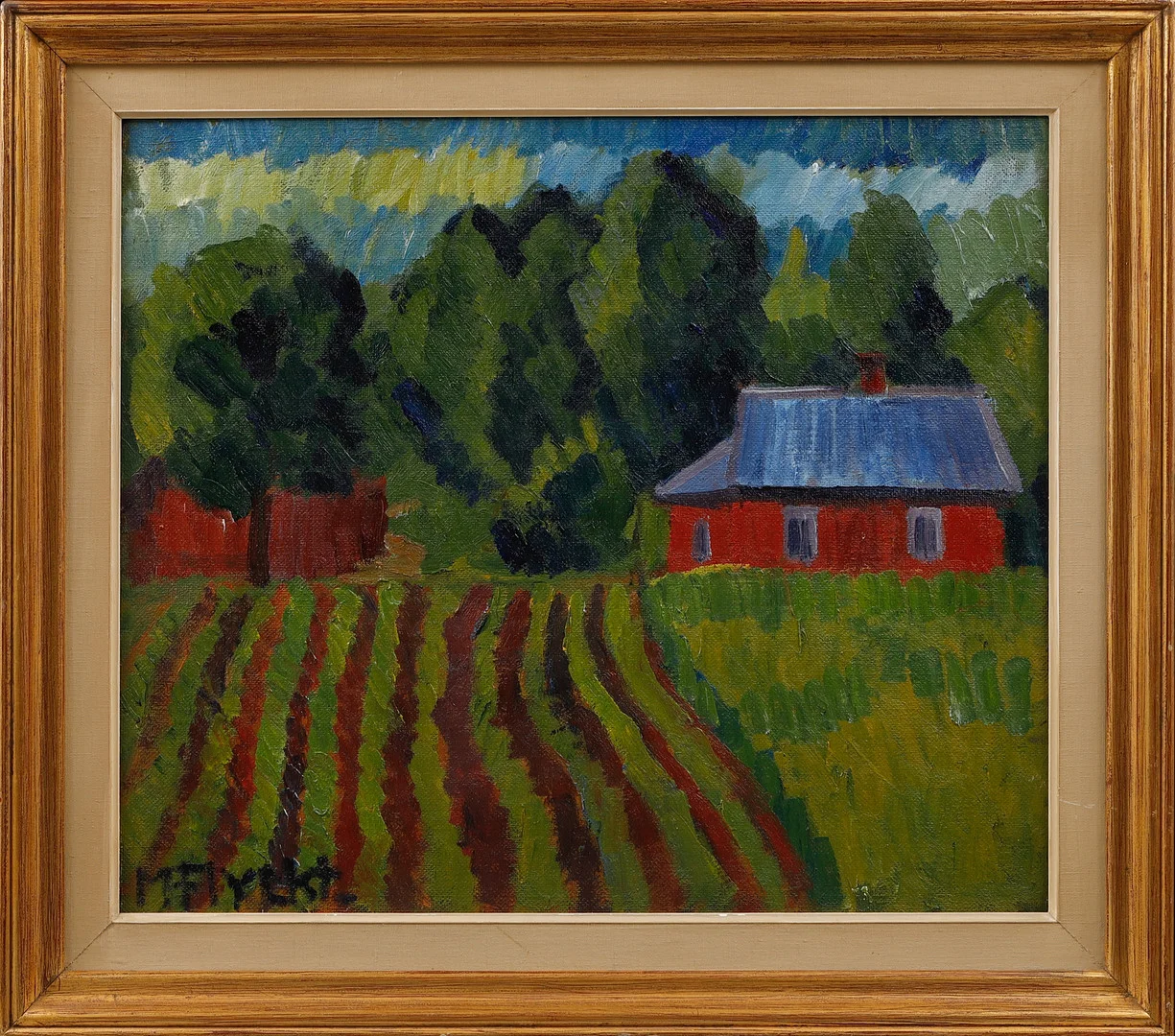 MANFRED FLYCKT. Landskap med rött hus, olja på pannå, signerad. — Paintings — Göteborgs Auktionsverk