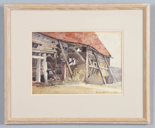 MARTIN HUTCHINSON (20TH CENTURY ENGLISH SCHOOL). STUDY OF A TYTHE BARN, POSSIBLY COTSWOLDS.