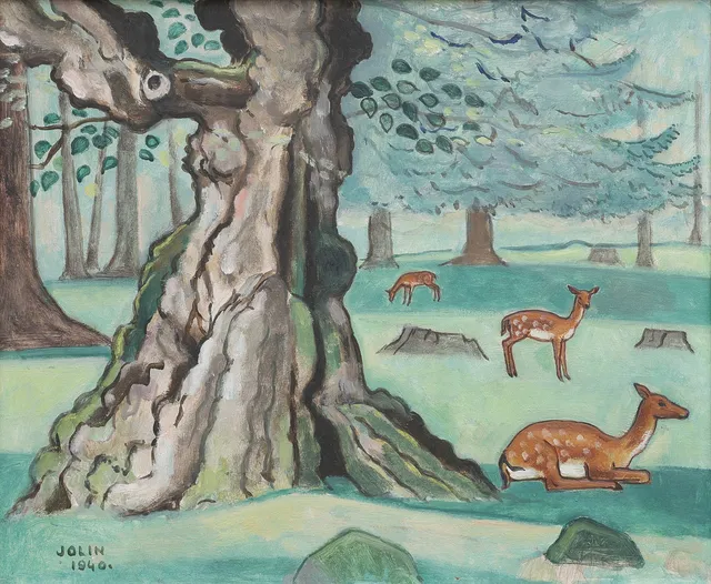 EINAR JOLIN. OLJA PÅ PANNÅ, MOTIV FRÅN GRIPSHOLMS HJORTHAGE, SIGNERAD OCH DATERAD 1940.