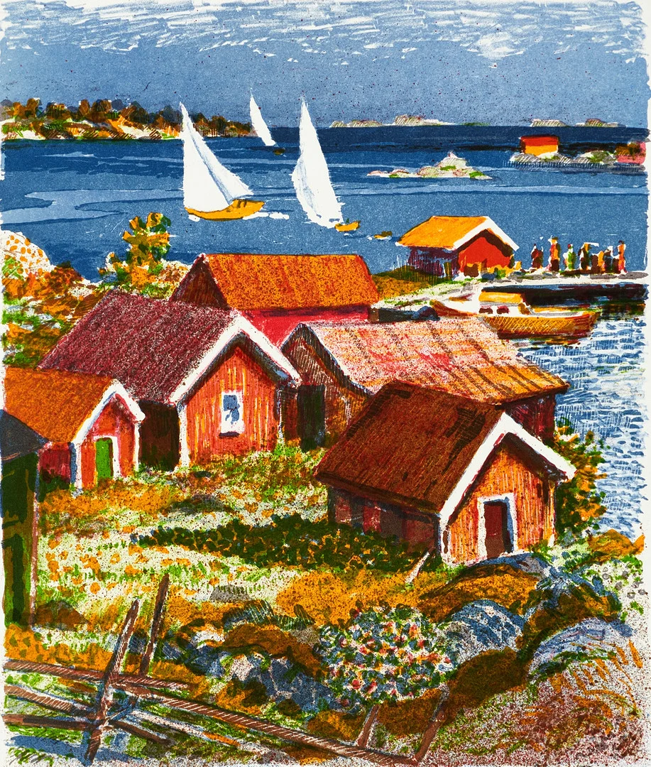 ROLAND SVENSSON (1910-2003): Högsommardag, signerad och numrerad, Roland S, ed 350/350, färglitografi. — Engravings & Prints — Crafoord Auktioner Stockholm