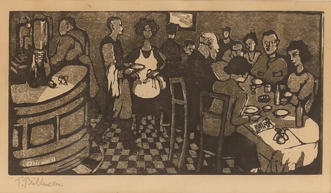 TORSTEN BILLMAN. Linoleumsnitt, krogmiljö, signerad. — Engravings & Prints — RA Auktionsverket Norrköping