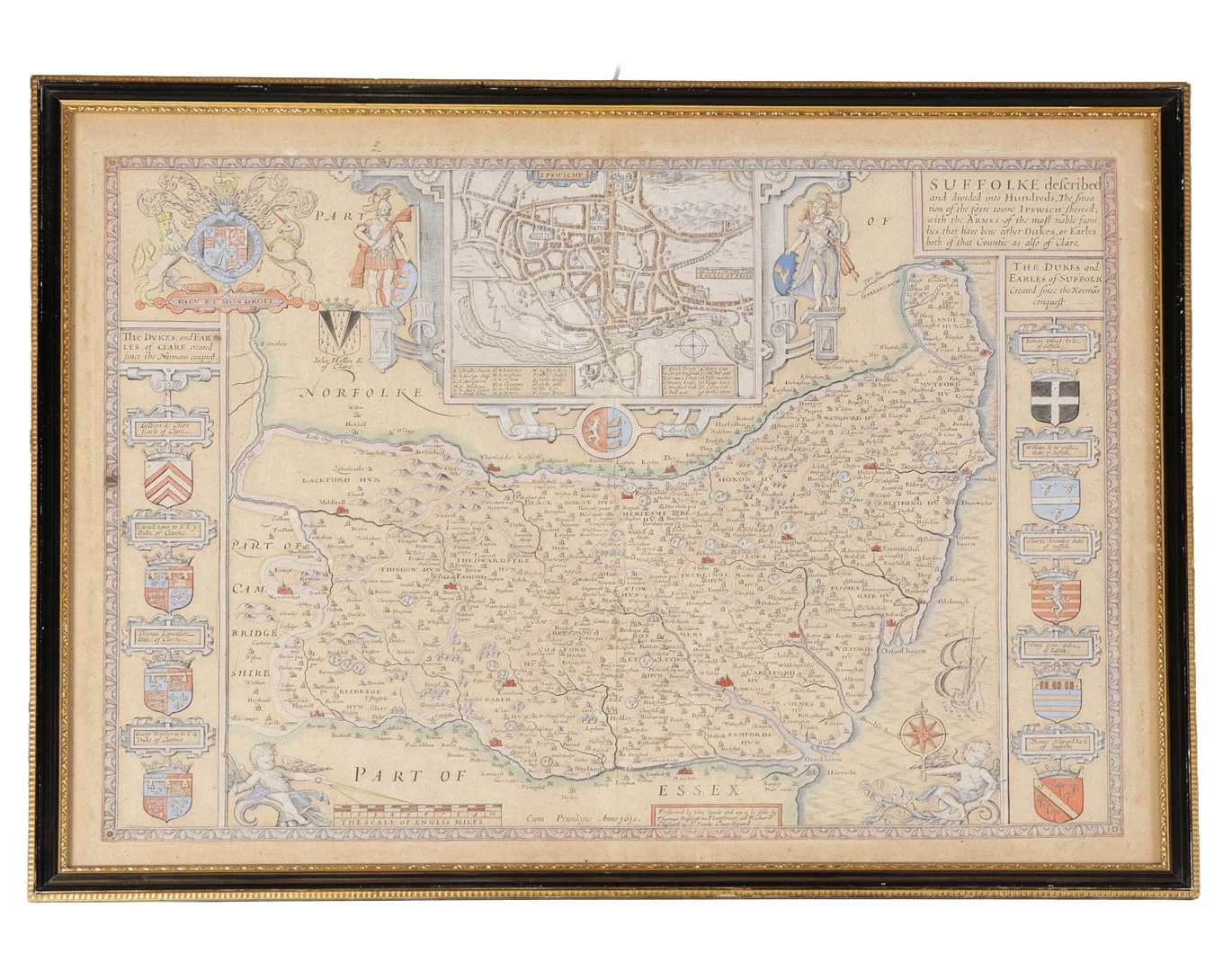 JOHN SPEED (1552-1629) A HAND COLOURED ENGRAVED COUNTY MAP OF SUFFOLK., "SUFFOLK, SUFFOLKE DESCRIBED AND DIVIDED INTO HUNDREDS, THE SITUATION OF THE FAYRE TOWNE IPSWICH SHEWED. — Maps — Bishop & Miller