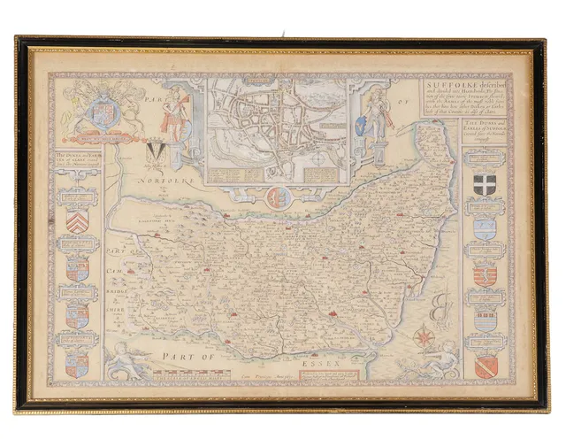 JOHN SPEED (1552-1629) A HAND COLOURED ENGRAVED COUNTY MAP OF SUFFOLK., "SUFFOLK, SUFFOLKE DESCRIBED AND DIVIDED INTO HUNDREDS, THE SITUATION OF THE FAYRE TOWNE IPSWICH SHEWED.