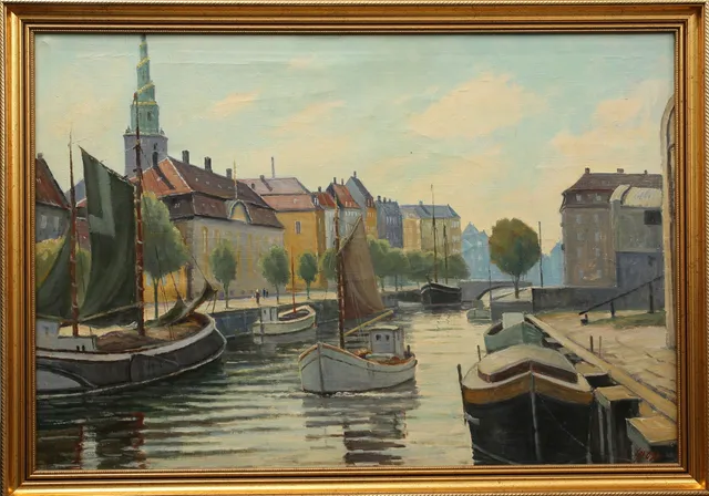 EINAR GROSS. olja på duk, kajmotiv, Köpenhamn, signerad Gross.