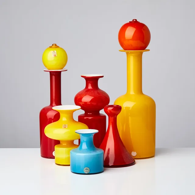OTTO BRAUER. PARTI VASER, 8 dlr, bestående av 2 gula, 1 blå, 3 röda, 1 orange propp, 1 gul propp.