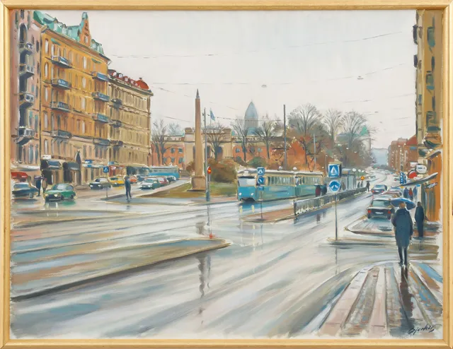 CARL BJERKÅS. "Tidig vår, Vasaplatsen". Olja på duk, signerad och daterad 2003.