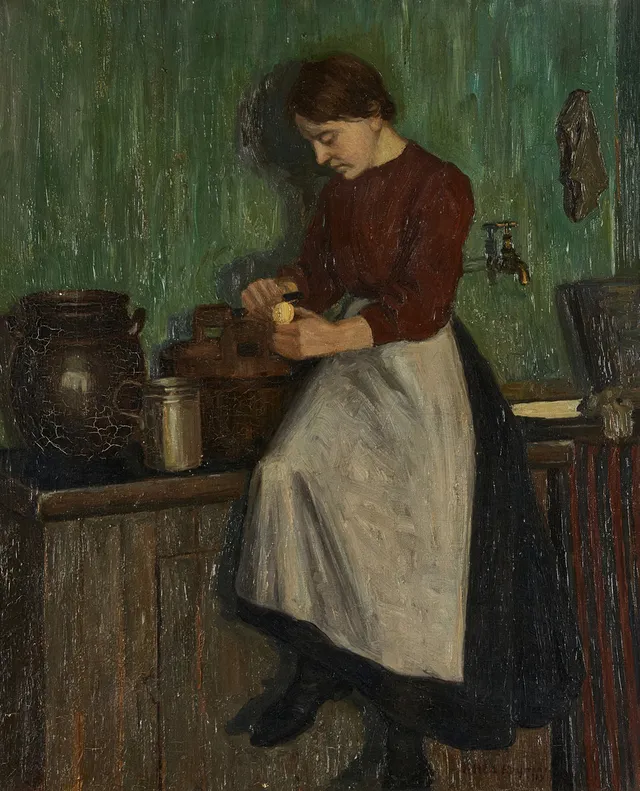 HILDA HEYMAN (Vårgårda 1872-1955 Stockholm), Kvinna sittandes på köksbänk, signerad och daterad 1910, olja på duk.