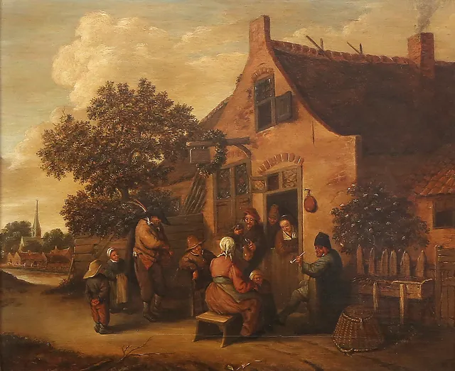 FLEMISH SCHOOL, PROBABLY 17TH CENTURY. Villagers meeting.