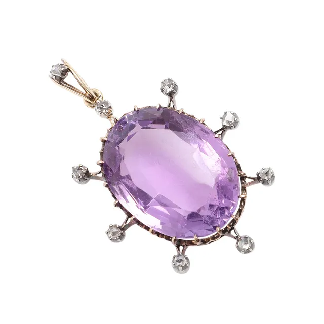 A VICTORIAN AMETHYST AND DIAMOND PENDANT.