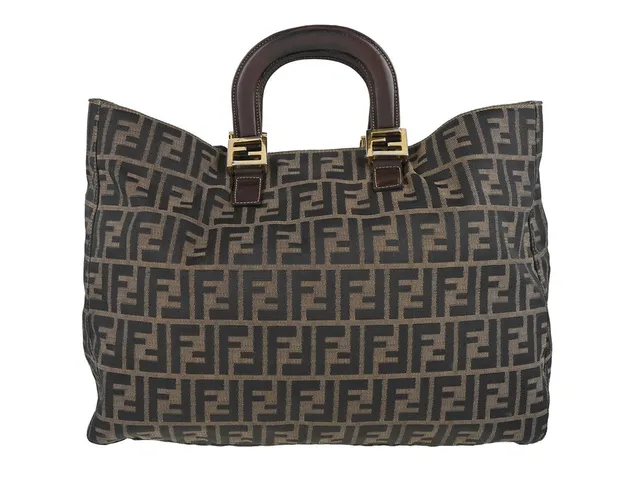 VÄSKA, FENDI, mongram tyg, svart, brunt, skinn, guldfärgade beslag, 39x30x14 cm, bruksslitage.
