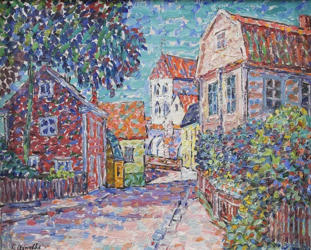 GUSTAF ARNOLDS. Bygata, olja på pannå, signerad.